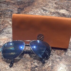 Tory Burch Silver Aviator Sunglasses with Case